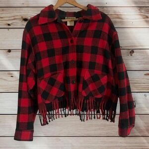 Vintage 80s Sportable Red and Black Plaid Wool Fringe Small/Medium Jacket
